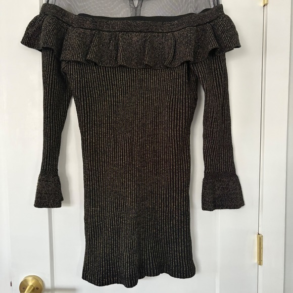 Venus Black Gold Metallic Mesh Ruffle Off Shoulder Long Sleeve Dress XL New Year - Picture 10 of 16